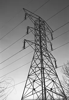 Power Line Prints: Electricity pylon, (B&W), low angle view