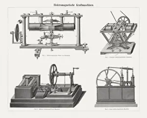 Electromagnetic power machines, wood engravings, published in 1897