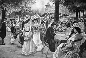 Elegant Company in the City Park of Nuremberg on a Sunday Afternoon, Germany, c. 1890, digitally restored reproduction of an original 19th-century painting