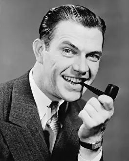 High Society Prints: Elegant man with pipe posing in studio, (B&W), close-up, portrait