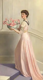 Cloth Prints: An elegant woman in a long pink dress stands on a staircase holding a bowl of pink carnations