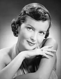 Elegant woman posing in studio, (B&W), (Close-up), (Portrait)