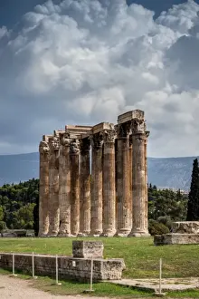 Elevated view of the Temple of Olympian Zeus colossal ruined temple in central Athens