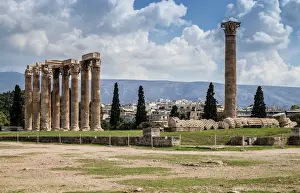 Prints of The Temple of Olympian Zeus is a colossal ruined temple in the centre of the Greek capital Athens that was dedicated to Zeus, king of the Olympian gods Greek Mythology Decor Prints: Elevated view of the Temple of Olympian Zeus colossal ruined temple in central Athens