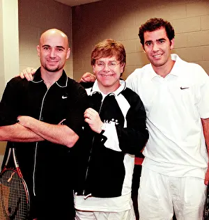 Prints of HOUSTON SEPTEMBER 12: Andre Agassi, Elton John and Pete Sampras attend Elton John and Billie Jean King Smash Hits at The Summit in Houston, Texas September 12, 1996 (Photo by Rick Diamond/Getty Images The Grand Slam Gallery: Elton John - Billie Jean King - Smash Hits - The Summit Houston Texas, 09-12-1996