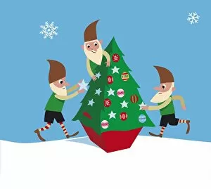Three elves decorating a Christmas tree