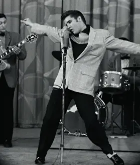 Theater Curtain Prints: Elvis Presley Performing at Microphone