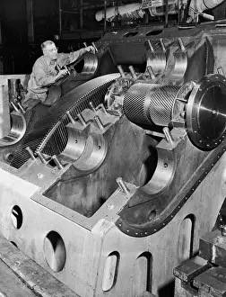 Lynn Prints: Employee Preparing Ship Engine for Operation
