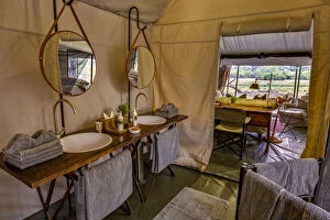En-suite bathroom of luxury family tent, Machaba Camp, Okavango Delta, Botswana