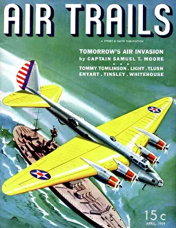 Pacific Prints: Four Engine American Bomber flies over a Battleship