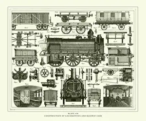 Engraved Antique, Construction of Locomotives and Railway Cars Engraving Antique Illustration