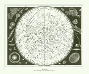 Engraved Antique, Map of the Southern Heavens Engraving Antique Illustration, Published 1851