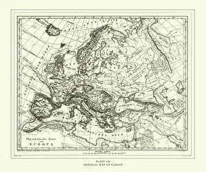 Engraved Antique, Physical Map of Europe Engraving Antique Illustration, Published 1851