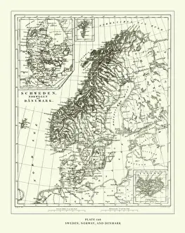 Engraved Antique, Sweden, Norway and Denmark Engraving Antique Illustration, Published