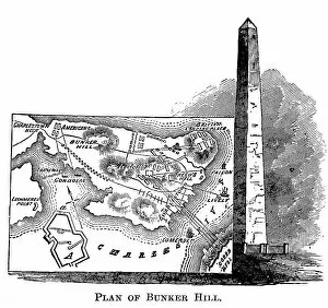 Historcal Battle Maps and Plans Collection: Engraved illustration of Plan of the Battle of Bunker Hill, 1775. Bunker Hill Monument