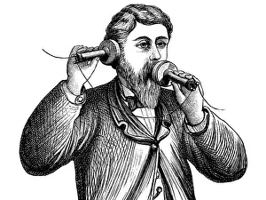 Engraving Alexander Graham Bell making a call on antique telephone