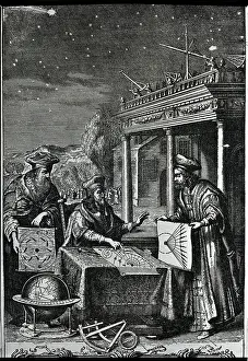 Observatory Prints: Engraving Of Astronomers W/Charts @Night
