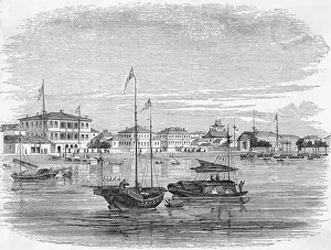 Shanghai Prints: Engraving Of Boats On Water In Shanghai