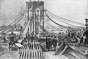 Cable Prints: Engraving Of Brooklyn Bridge Under Const