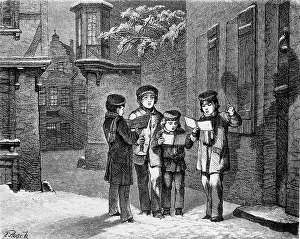 Serenity Prints: Engraving of Carol Singers in Winter by E. Rosch