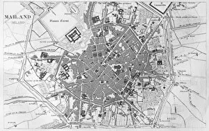 Engraving city map of Milano Italy from 1851