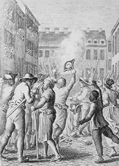 Colonist Prints: Engraving of Colonists Burning Stamp Act Papers