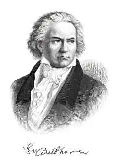 1880 Prints: Engraving of composer Ludwig van Beethoven with signature from 1882