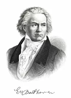 Engraving of composer Ludwig van Beethoven with signature from 1882