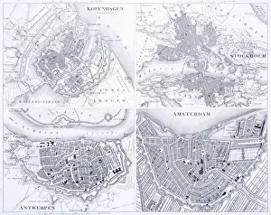Denmark Collection: Engraving: Copenhagen, Stockholm, Antwerp and Amsterdam