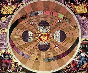 Zodiac Sign Prints: Engraving of a Diagram of the Universe With the Earth Revolving Around the Sun and the Zodiac