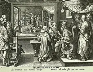 Flemish Prints: Engraving of Emperor Justinian Receiving Eggs of Silkworm by Joannes Galle after Johannes Stradanus