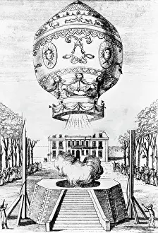 Engraving of the First Flight of Humans in a Hot Air Balloon