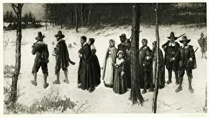 Puritan Prints: Engraving by George Barrie After Puritans Going to Church by George H. Boughton