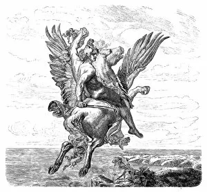 Mythology Gallery: Engraving of hero Perseus riding Pegasus