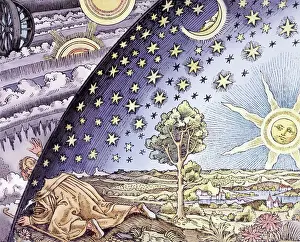 Engraving of a Man Exploring the Meeting of the Earth and the Sky