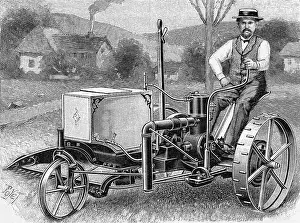 Touching Prints: Engraving of Man Riding Early Lawnmower by E. Poyet