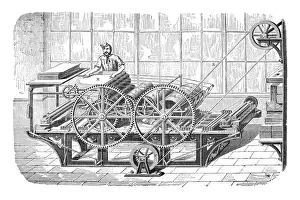 Factory Prints: Engraving of man working at a printing machine