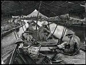 Houseboat Prints: Engraving Of Men On Houseboat In India