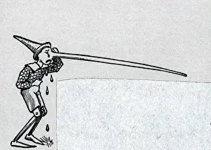 Engraving of Pinocchio with Long Nose Crying