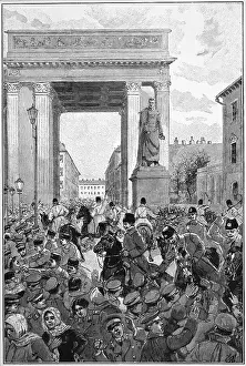 Confusion Prints: Engraving of Police Charging a Crowd in St. Petersburg, Russia