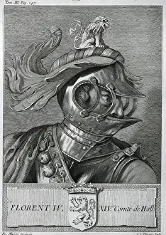 Prints of (Original Caption). Knights: Engraving showing an elaborate helmet. Florent IV, XIV Comte de Holl Discover the beauty and mystery of the medieval era: Engraving Showing An Elaborate Helmet