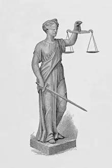 Blindfold Prints: Engraving of Statue of Justice Holding the Scales