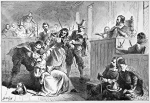 Engraving of a Suspect Fainting Before Judge During Witch Hunt Trial by Darley