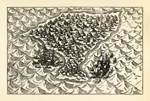 Bay Of Water Prints: Engraving of Van Noort Sailing the Marianne Islands, 1600