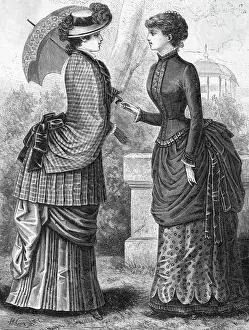Engraving of A Woman Wearing a Cheviot Mantle and a Woman Wearing a Camel's Hair Hari and Silk Dress (1883)