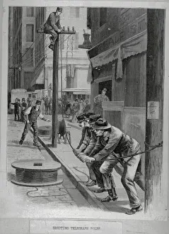 Utility Pole Prints: Engraving of Workers Erecting Telephone Poles in 1889