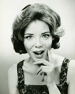 Sleeveless Prints: Enthusiastic looking woman, smiling, posing in studio, (B&W), (Portrait)