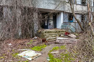 Eerie, Haunting, Abandon, Chernobyl Collection: Entrance of multistory panel house. Prypiat, Ukraine