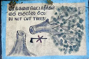 Environmental protection, painted sign, Do not cut trees depicting a felled tree and a crossed-out axe, Nuwara Eliya