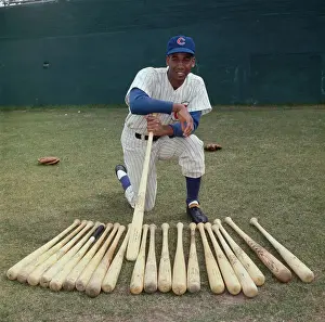 Mesa Prints: Ernie Banks Kneeling Behind Row of Bats